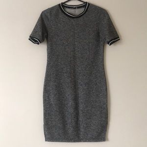Grey short sleeved dress with striped trim